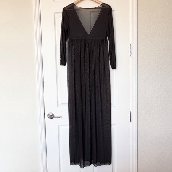 Y2K Sheer Mesh High-Slit Maxi Black Dress M 3/4 Sleeve - Picture 5 of 10